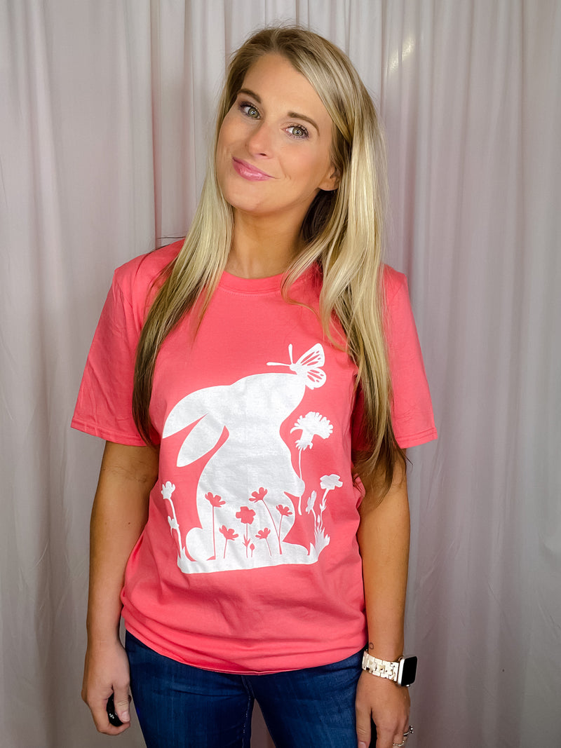 This Bunny Rabbit Tee features a trendy and adorable bunny rabbit design with warm spring vibes, perfect for Easter. It's made from lightweight material, with classic short sleeves and a round neckline, and a unisex fit for everyone from S-3XL.-coral