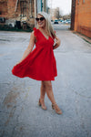 Dress features a tomato red color, short sleeves, ruffle detailing, flattering fit and runs true to size! 