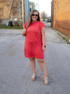 Dress features a solid base color, ruffle short sleeves/ neck, lightweight material and runs true to size! -watermelon