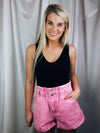 Bottoms feature a true denim material, short length, functional buttons & pockets, paper bag fit and runs true to size!-pink