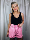 Bottoms feature a true denim material, short length, functional buttons & pockets, paper bag fit and runs true to size!-pink