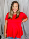 Top features a solid base color, butter fabric soft material, short sleeves, round neck line, and runs true to size!-red