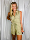 Romper features an olive base, sleeveless detail, tie waist belt, cargo pockets and runs true to size!  Materials: 100% Rayon