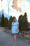 Dress features a stunning powder blue color, solid butterfly sleeve, ruffle tiered skirt, side pockets, round neck line, and runs true to size! 