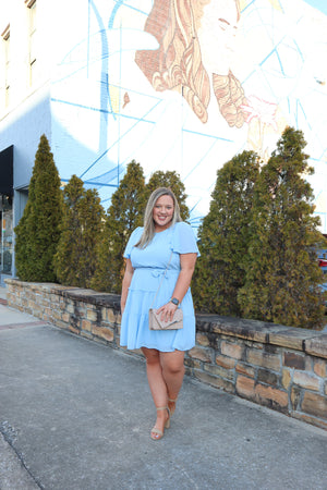 Dress features a stunning powder blue color, solid butterfly sleeve, ruffle tiered skirt, side pockets, round neck line, and runs true to size! 