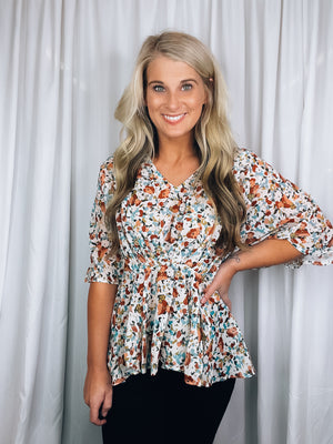 Top features a light base, multi color floral print, short kimono sleeves, V-neck line and runs true to size!   *Is a tad sheer so we recommend wearing only a nude bra* 