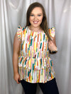 Top features a multi colored abstract print, ruffle sleeve/ bottom detailing, lightweight material and runs true to size! 