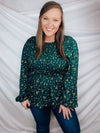 This top features a solid base color, long sleeves, mini floral print, flattering, round neck line, and runs true to size!-HUNTER GREEN