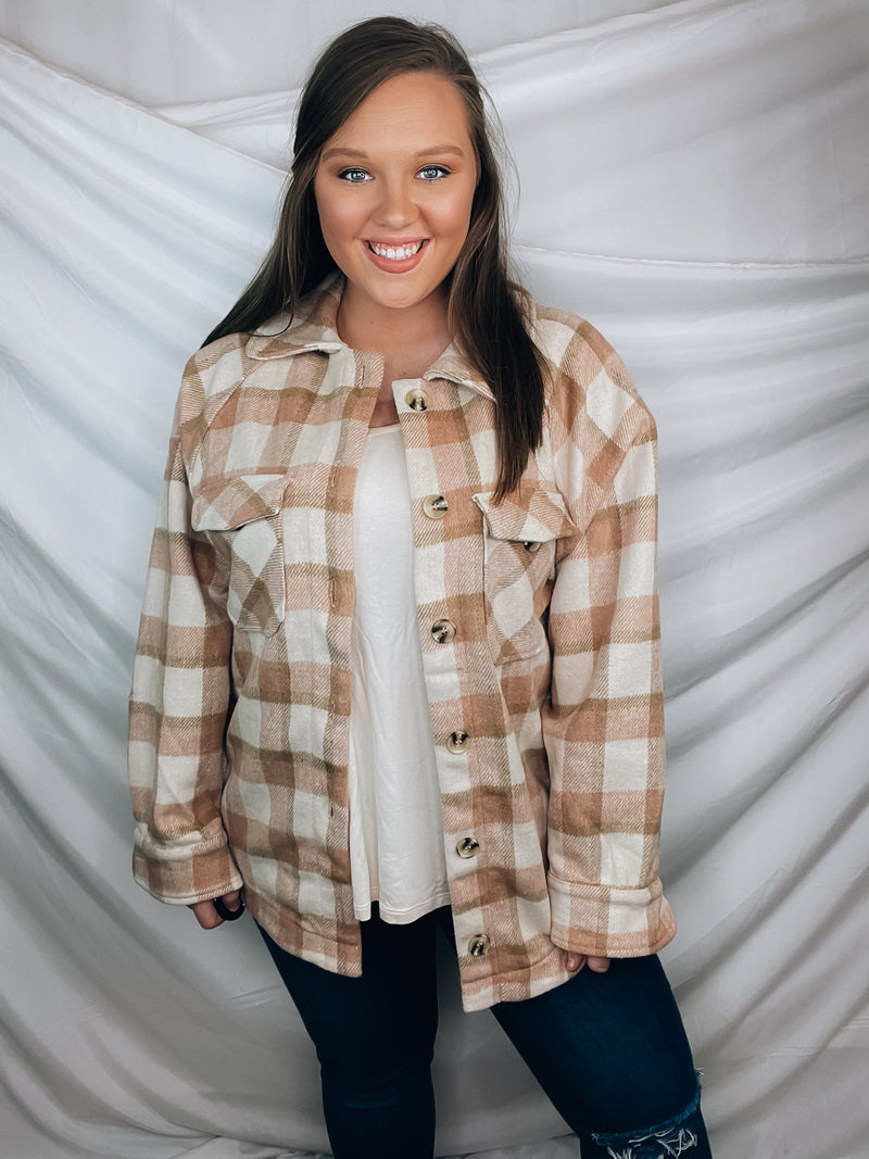 Shacket features a plaid detail, front chest pockets, open front, button closure, collar detail, fitted wrist, and runs true to size!   95% Polyester/ 5% Wool-BLUSH