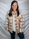 Shacket features a plaid detail, front chest pockets, open front, button closure, collar detail, fitted wrist, and runs true to size!   95% Polyester/ 5% Wool-BLUSH