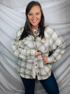 Shacket features a plaid detail, front chest pockets, open front, button closure, collar detail, fitted wrist, and runs true to size!   95% Polyester/ 5% Wool -BEIGE