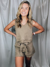 Set offers a solid base color, sleeveless detail, tank and short pieces, frayed lining detail, pockets, tie belt, with a textured look to add the perfect amount of detail. Runs true to size!-MOCHA