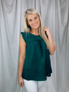 Top features a solid base color, sleeveless detail, round neck line, detailing on the chest, lightweight material and runs true to size!-hunter green