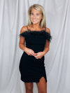 Dress features a solid base color, mini length, fitted fit, sleeveless detail, feathered detailing and runs true to size!-black