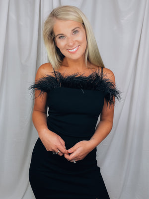 Dress features a solid base color, mini length, fitted fit, sleeveless detail, feathered detailing and runs true to size! -black
