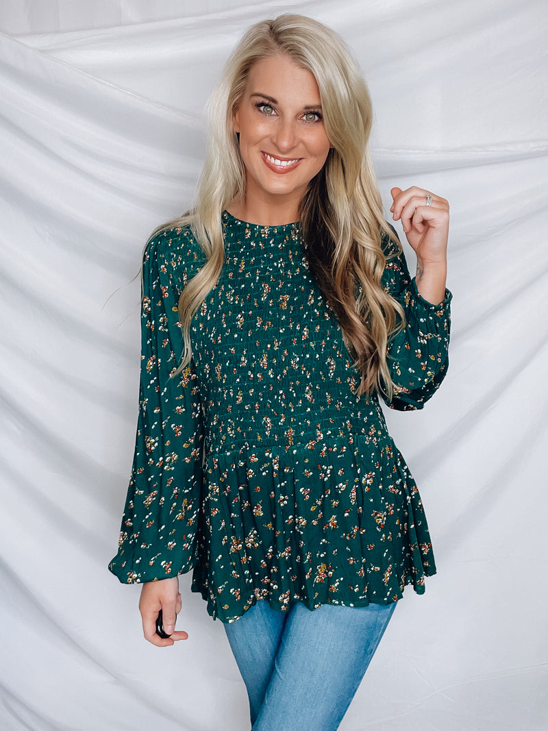 This top features a solid base color, long sleeves, mini floral print, flattering, round neck line, and runs true to size!-HUNTER GREEN