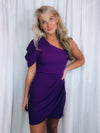 Dress features a stunning ultra violet color, mini length, fitted fit, one shoulder detail, pleated detailing and runs true to size!   Perfect attire for Homecoming, Game Day, Date night, Wedding Guest, Professional pictures, ANY business casual and semi formal event!