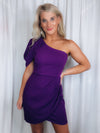 Dress features a stunning ultra violet color, mini length, fitted fit, one shoulder detail, pleated detailing and runs true to size!   Perfect attire for Homecoming, Game Day, Date night, Wedding Guest, Professional pictures, ANY business casual and semi formal event!