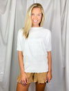 Top features an off white solid base color, short dolman sleeves, round neck line, soft materials, and runs true to size! 