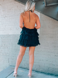 Tulle dress features a base color with a deep V cut-out, adjustable tie detail around the neck, and elastic waistband with an open back. Runs true to size!-black