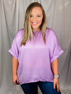 Top features a soft silk material, round neck line, short sleeves, oversized fit and runs true to size!-lavender