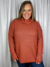 Top features a rust base, long sleeve, turtle neck line, round hem line, soft material and runs true to size! 