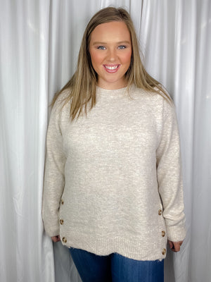 Top features a solid base color, long sleeves, round neck line, soft material, side hem button detail and runs true to size!-oatmeal