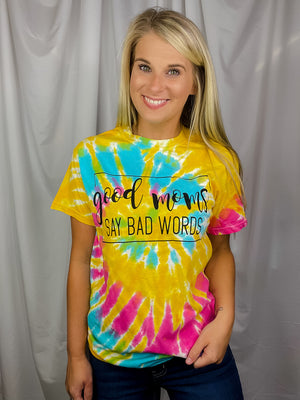 Graphic features a bright colored tee, short sleeves, unisex fit, black block ink design, and runs true to size!-tie dye