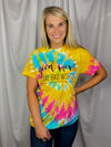 Graphic features a bright colored tee, short sleeves, unisex fit, black block ink design, and runs true to size!-tie dye