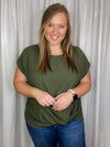 Top features a solid base color, short sleeves, round neck line, front knot detail, and runs true to size! 