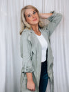 Jacket features a solid base color, lightweight suede material, 3/4 roll up sleeves, open front, tie waist, front pockets and runs true to size!-sage