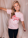 Graphic tee features a solid base color, red ink, retro 3D font, unisex fit, short sleeves, legging approval and runs true to size!-PINK