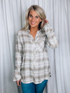 Top features a cream base, mint plaid detail, button down detail, long sleeve and runs true to size! 