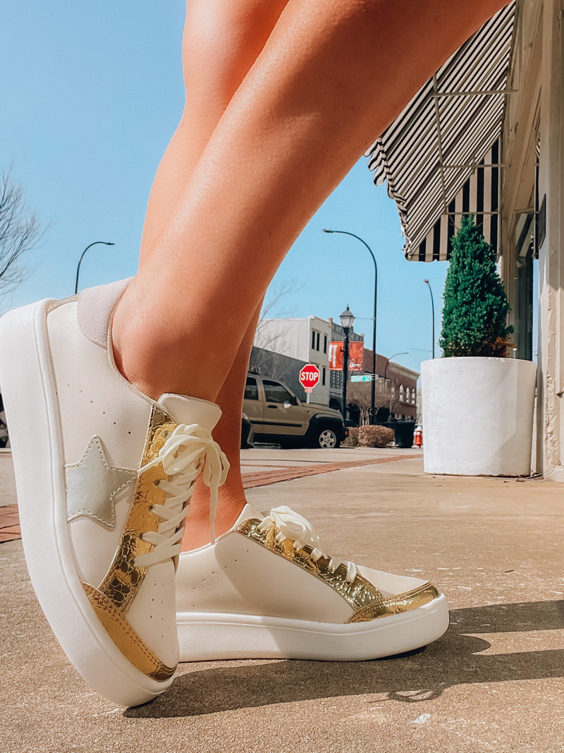 Tired of taking boring strolls? Spice up your walk with Eventful Outings Sneakers! Step up your style with gold and nude coloring and lace up like it's a big event. Our memory foam insole makes it so you can stay comfy, even when the party goes all night! Time to take on the town in style!