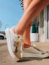 Tired of taking boring strolls? Spice up your walk with Eventful Outings Sneakers! Step up your style with gold and nude coloring and lace up like it's a big event. Our memory foam insole makes it so you can stay comfy, even when the party goes all night! Time to take on the town in style!