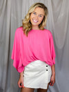 Top features a solid base color, kimono sleeves, round neck line, light weight material and runs true to size! -pink