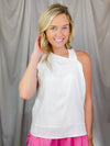 Top features a solid base color, soft silk material, sleeveless detail, round neck line, zipper back closure and runs true to size!-white