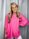 Top features a solid base color, kimono sleeves, round neck line, light weight material and runs true to size! -pink