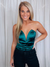 Bodysuit features a stunning hunter green color, silk material, deep V-neck line, strapless detail and runs true to size! 