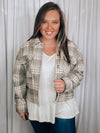 Shacket features a grey plaid print, long sleeves, button up detail, relaxed fit and runs true to size!   - Plaid casual button down jacket - Side slit - Long sleeve - Pocket patched