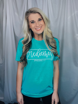 Graphic tee features an aqua mint colored tee, white design, short sleeve, unisex fit, legging approval and runs true to size! 