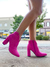 Booties feature a solid colored base, full rhinestone detailing, side zip- up detail, 3.5 heel, and runs true to size!-pink