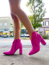 Booties feature a solid colored base, full rhinestone detailing, side zip- up detail, 3.5 heel, and runs true to size!-pink