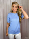 Top features a solid base color, crew neck line, short sleeves, and runs true to size! -periwinkle