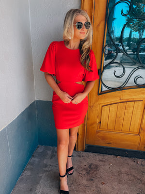 Dress features a solid base color, short puff sleeves, mini length, side cut out detail, round neck line, fitted fit, zip up closure and runs true to size! 