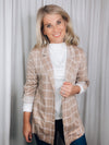 Blazer jacket features a taupe base, white striped detail, long roll up sleeves, open front detail, collar detail and runs true to size! Nice lightweight knit material