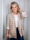 Blazer jacket features a taupe base, white striped detail, long roll up sleeves, open front detail, collar detail and runs true to size! Nice lightweight knit material