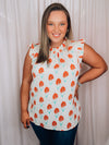 Top features an ivory base, mint/coral floral print design, ruffle high neck line, ruffle cap sleeves, light weight material and runs true to size! 