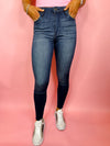 Bottoms feature a dark denim wash, skinny leg fit, frayed bottoms detailing, stretchy material and runs true to size! 