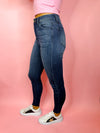 Bottoms feature a dark denim wash, skinny leg fit, frayed bottoms detailing, stretchy material and runs true to size! 